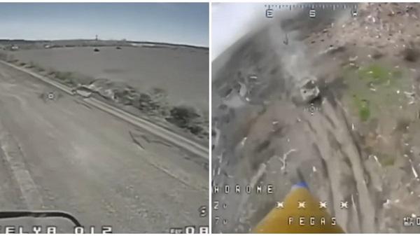 Dronët kamikaz të ushtrisë ukrainase, hedhin në erë kamionin dhe tankun rus (Video)