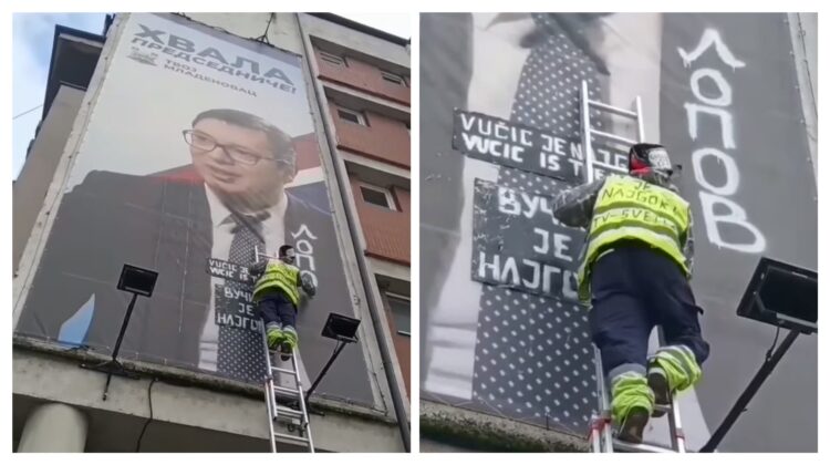 “Vuçiq është më i keqi, është hajn”: Një qytetar serb shkruan në një billbord me foton e Vuçiqit (VIDEO)